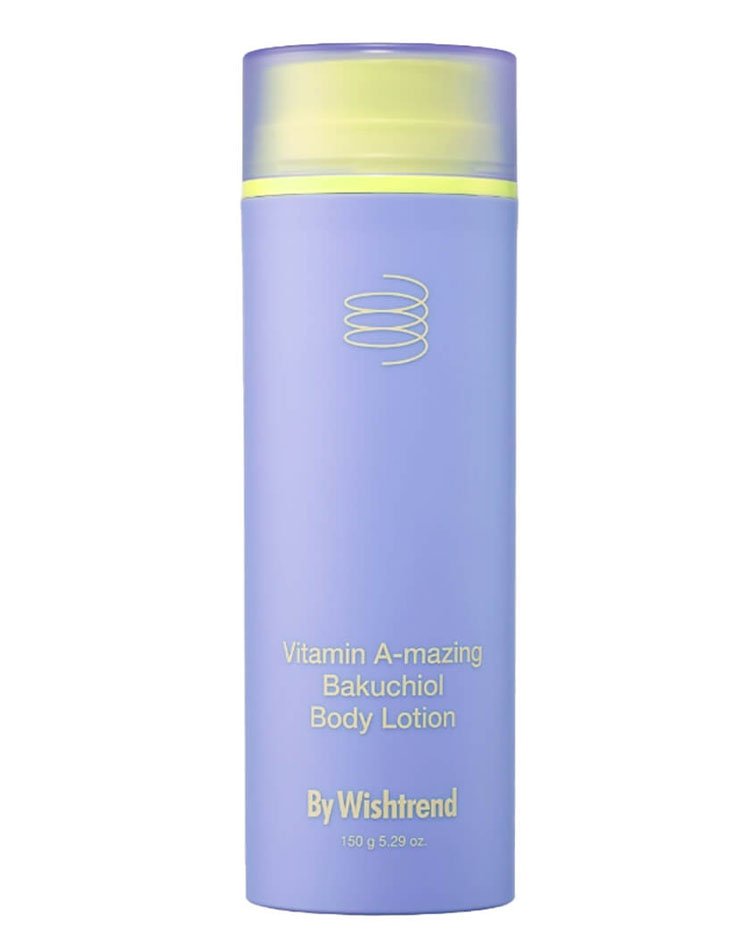 Лосьон для тела с ретинолом и бакучиолом By Wishtrend Vitamin A-mazing Bakuchiol Body Lotion разглаживает кожу, смягчает шелушения и огрубевшие участки, мягко осветляет пигментацию и выравнивает тон.