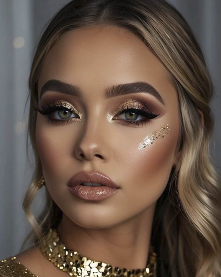 праздничный макияж с блестками, золото