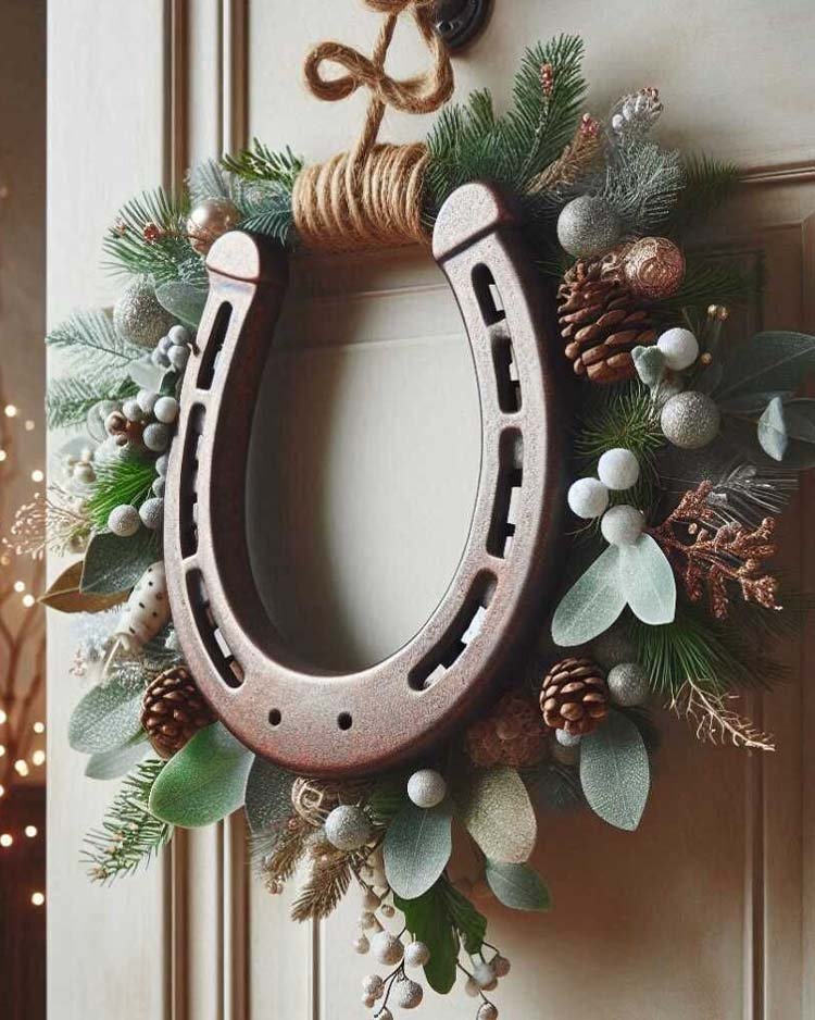 Новогоднее украшение металлическая подкова на дверь