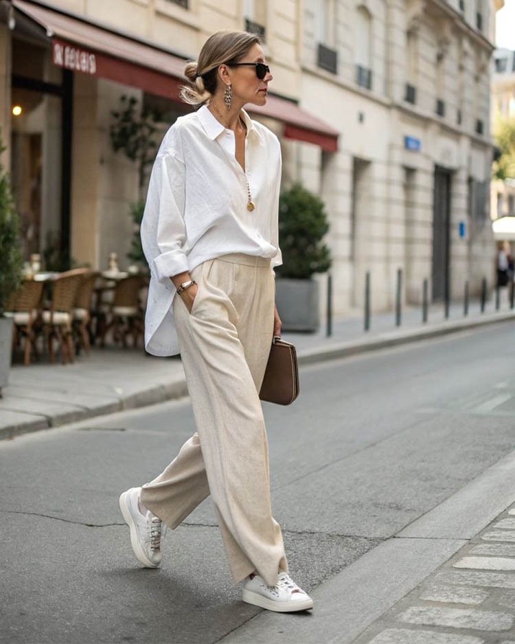стиль кэжуал, кроссовки, белая рубашка- оверсайз, льняные брюки