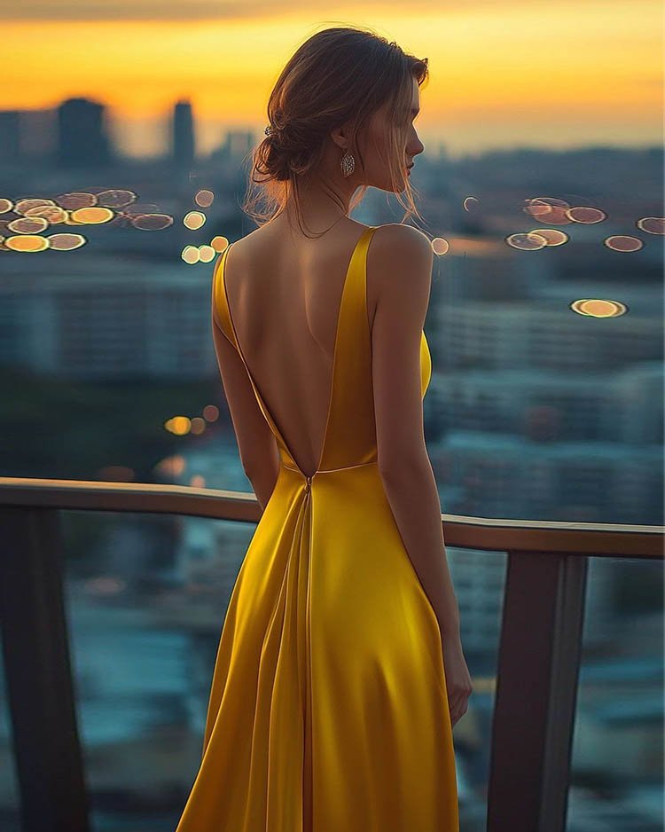 Яркое желтое платье с открытой спиной