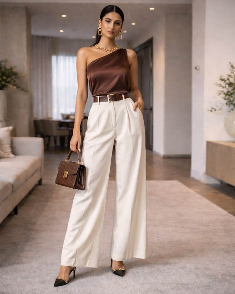 Вечерний костюм - топ на одно плечо и широкие брюки