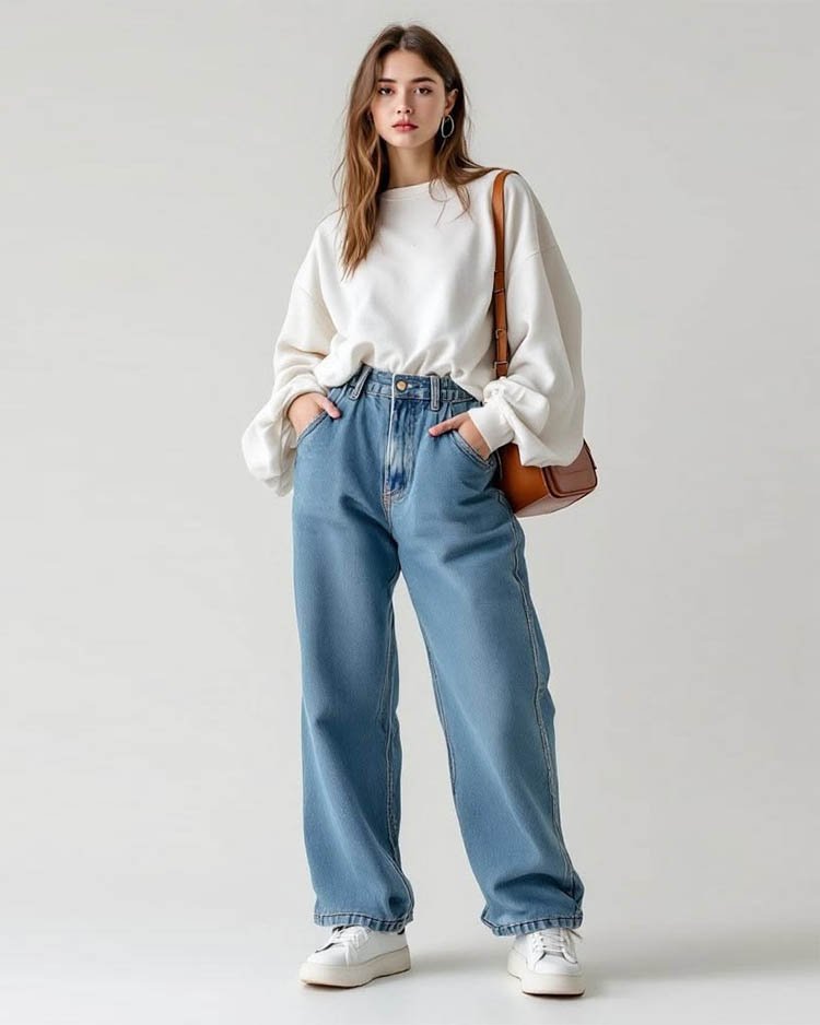 С широкие джинсы с заправленной блузой