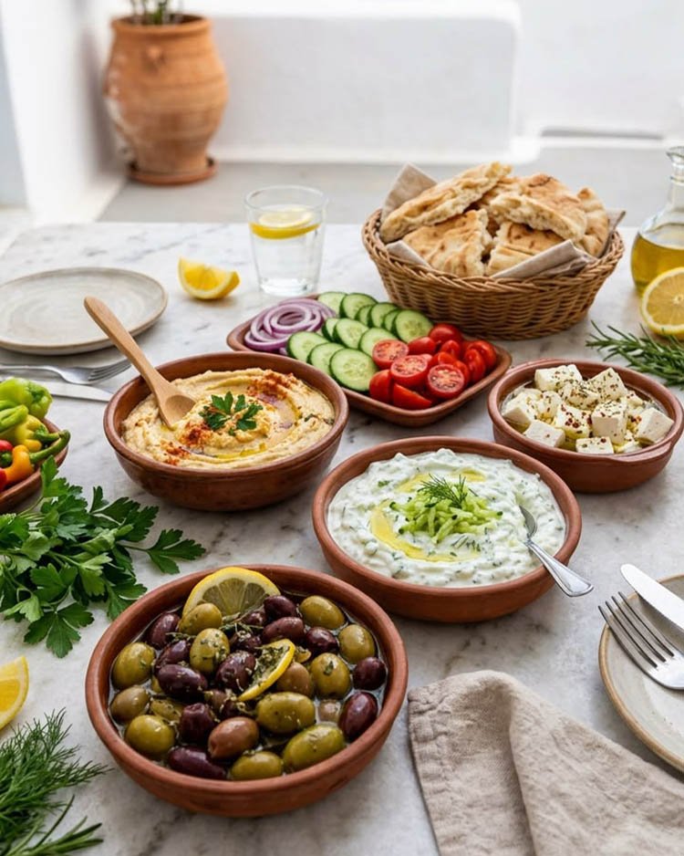 Средиземноморская кухня с оливковым маслом, оливками, свежими овощами, хлебом и традиционными закусками