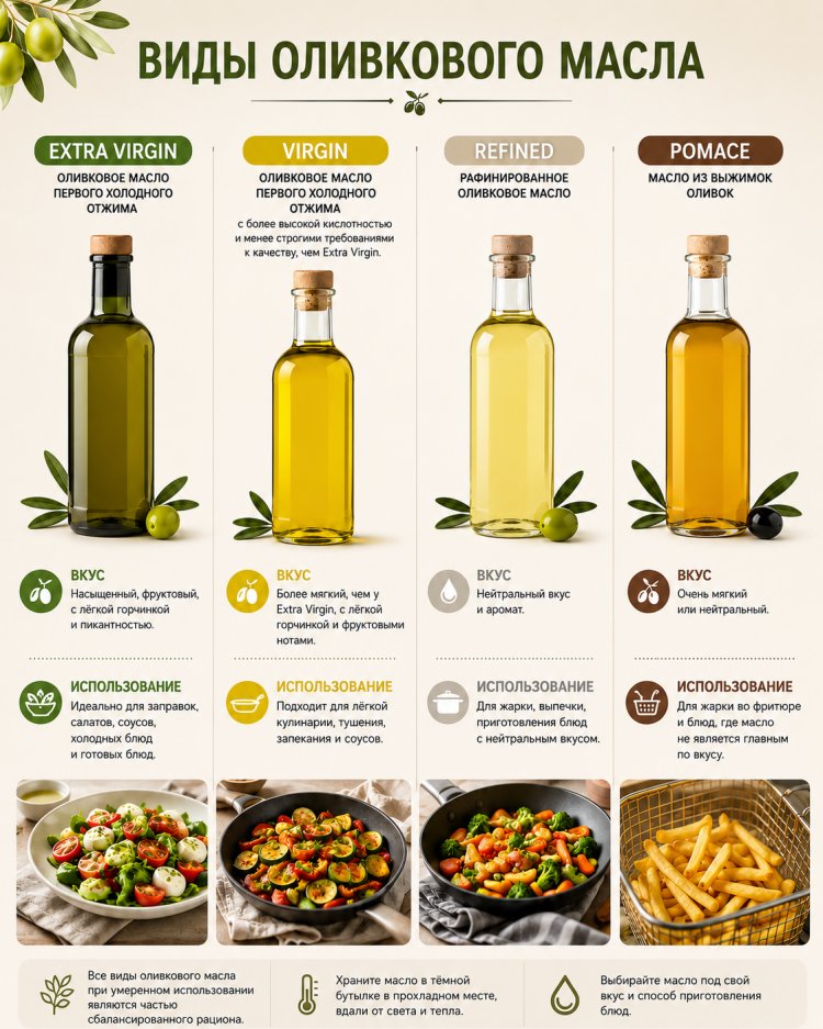 Виды оливкового масла: сравнение Extra Virgin, Virgin, Refined и Pomace по вкусу и применению
