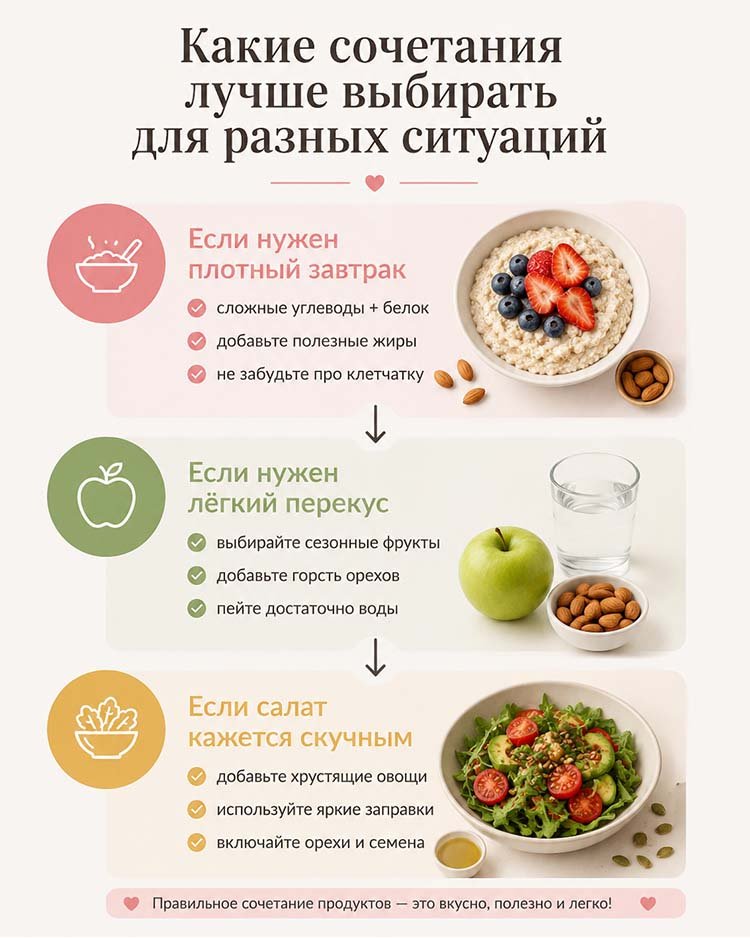 Инфографика с рекомендациями по выбору сочетаний продуктов для плотного завтрака, легкого перекуса и салатов