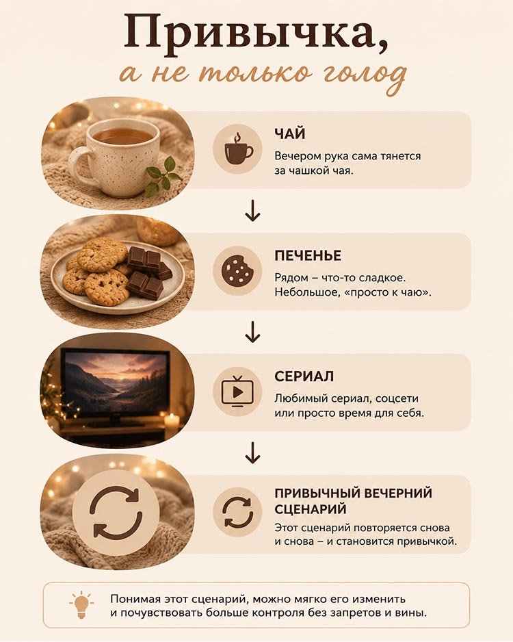Инфографика, показывающая привычный вечерний сценарий: чай, печенье, сериал и повторяющийся ритуал, который усиливает тягу к сладкому