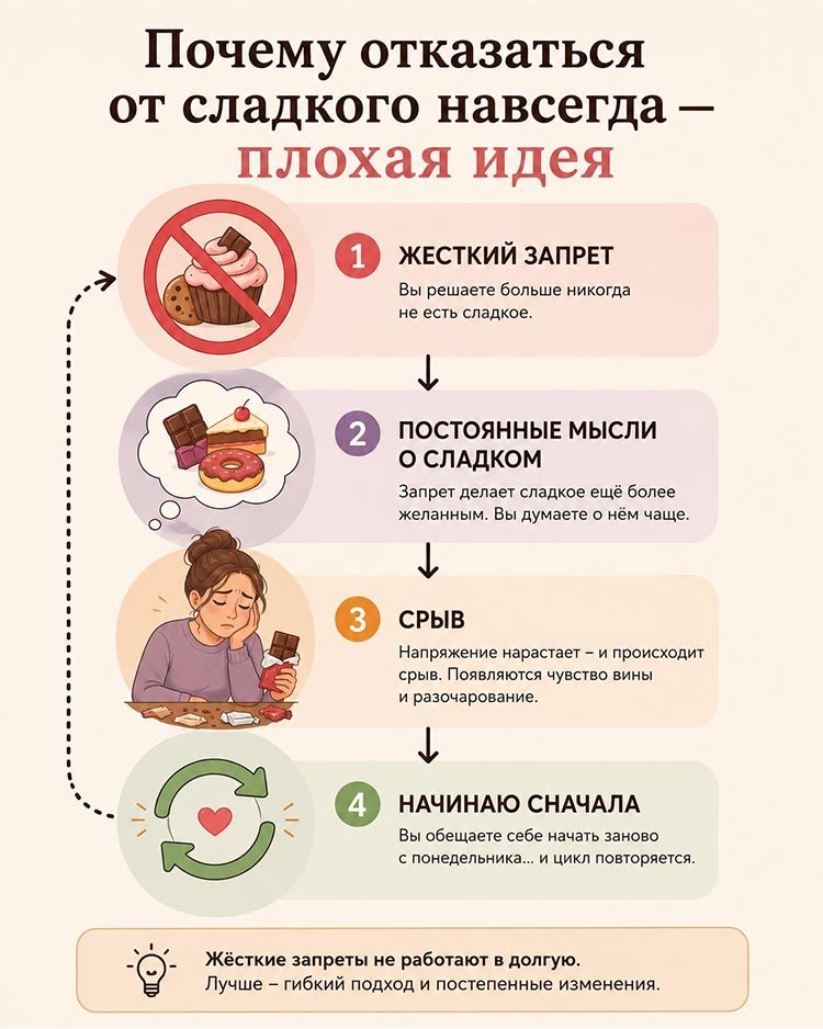 Инфографика, показывающая цикл жесткого отказа от сладкого: запрет, постоянные мысли о сладком, срыв и повторение сценария