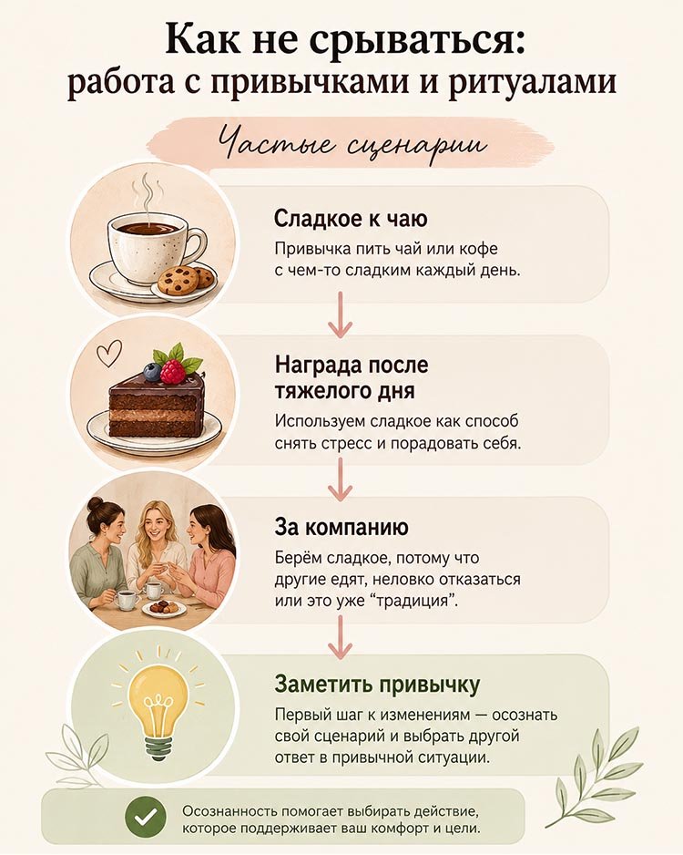 Инфографика с примерами привычных сценариев, связанных со сладким: сладкое к чаю, награда после тяжелого дня, за компанию и рекомендация сначала заметить привычку