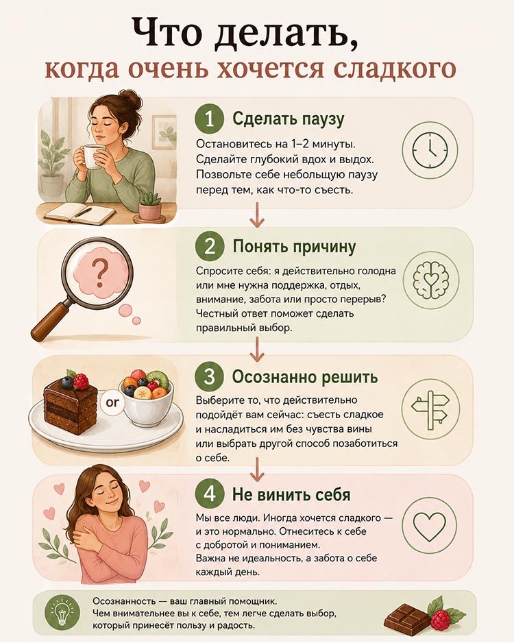 Инфографика с пошаговым алгоритмом, что делать при сильной тяге к сладкому: сделать паузу, понять причину, принять осознанное решение и не винить себя