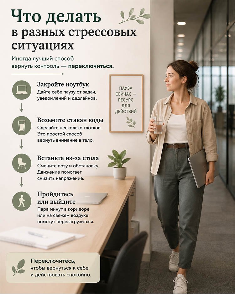 Человек делает короткую паузу на работе: закрывает ноутбук, берет стакан воды и переключается, чтобы снизить напряжение