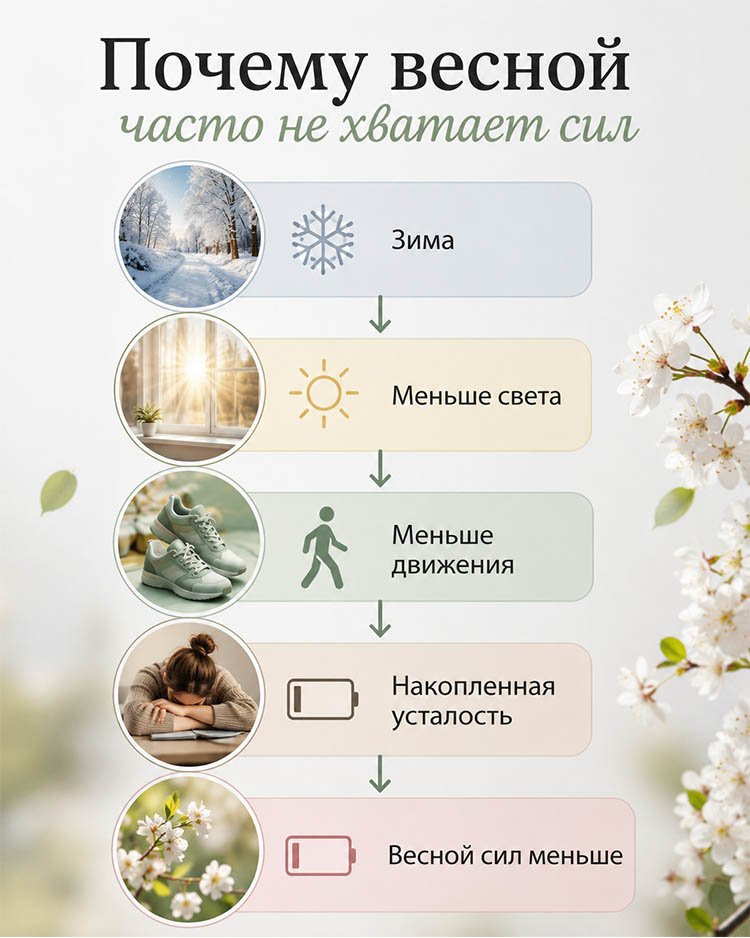 Инфографика, объясняющая, почему весной часто не хватает сил: зима &rarr; меньше света &rarr; меньше движения &rarr; накопленная усталость &rarr; снижение уровня энергии весной.