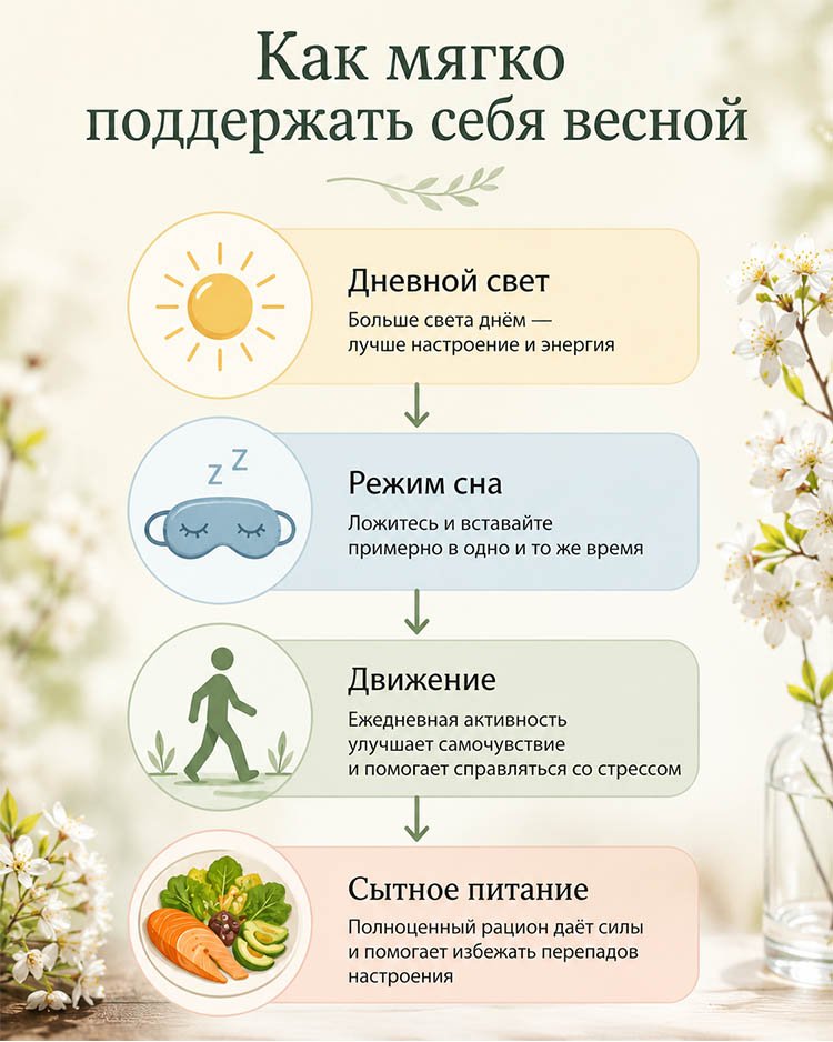 Инфографика с четырьмя простыми способами мягко поддержать себя весной: больше дневного света, стабильный режим сна, ежедневное движение и сытное сбалансированное питание.