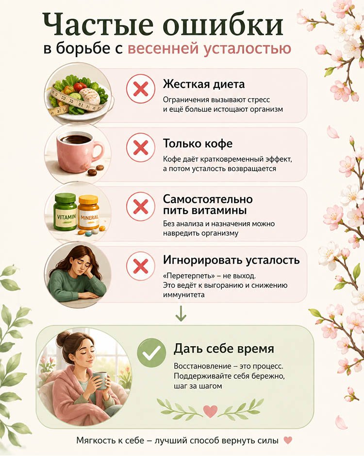 Инфографика о частых ошибках в борьбе с весенней усталостью: жёсткая диета, только кофе, самостоятельный приём витаминов и игнорирование усталости; рекомендация — дать себе время на восстановление.
