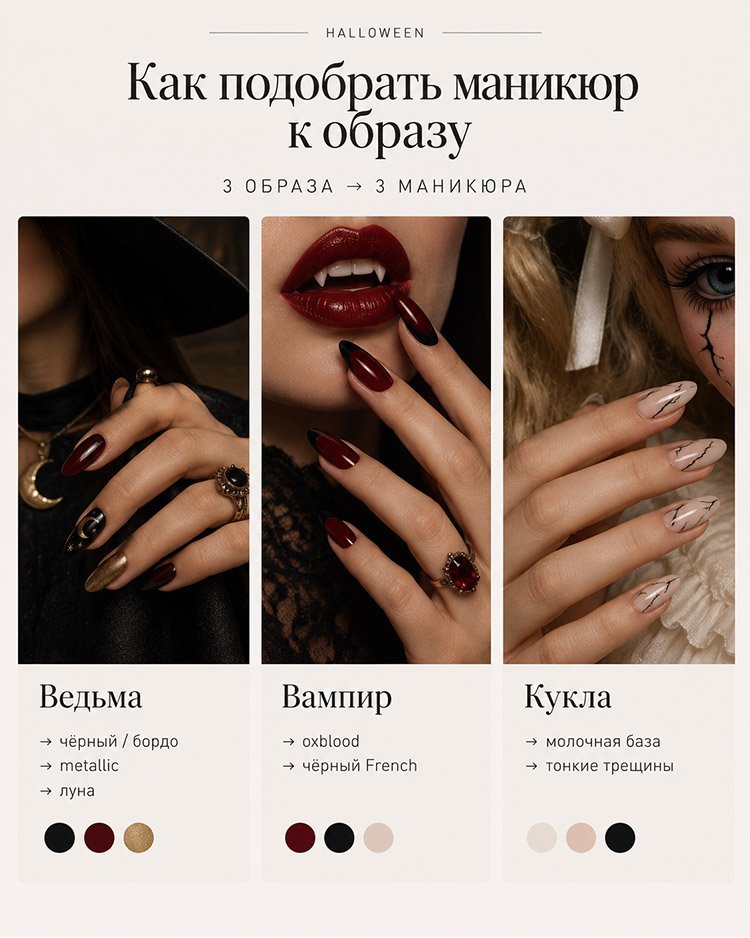 Инфографика с маникюром на Хэллоуин для образов ведьмы, вампира и куклы