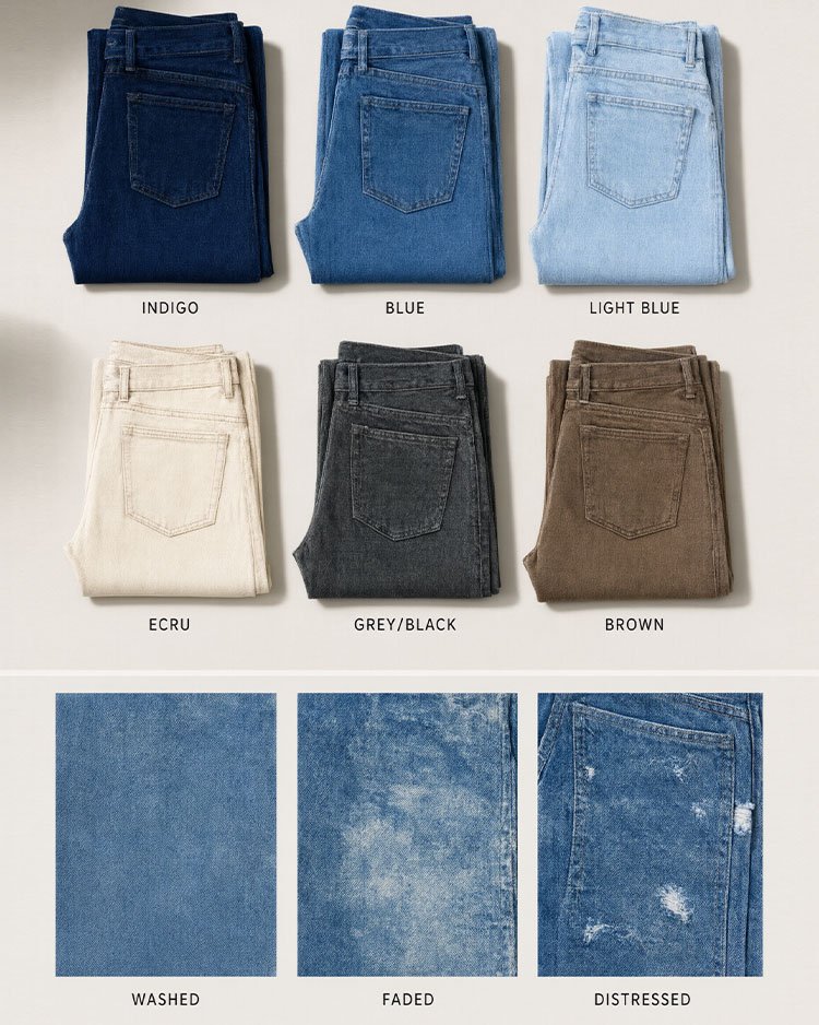 Цвета и виды обработки денима: индиго, голубой, ecru, серый, коричневый, washed, faded и distressed