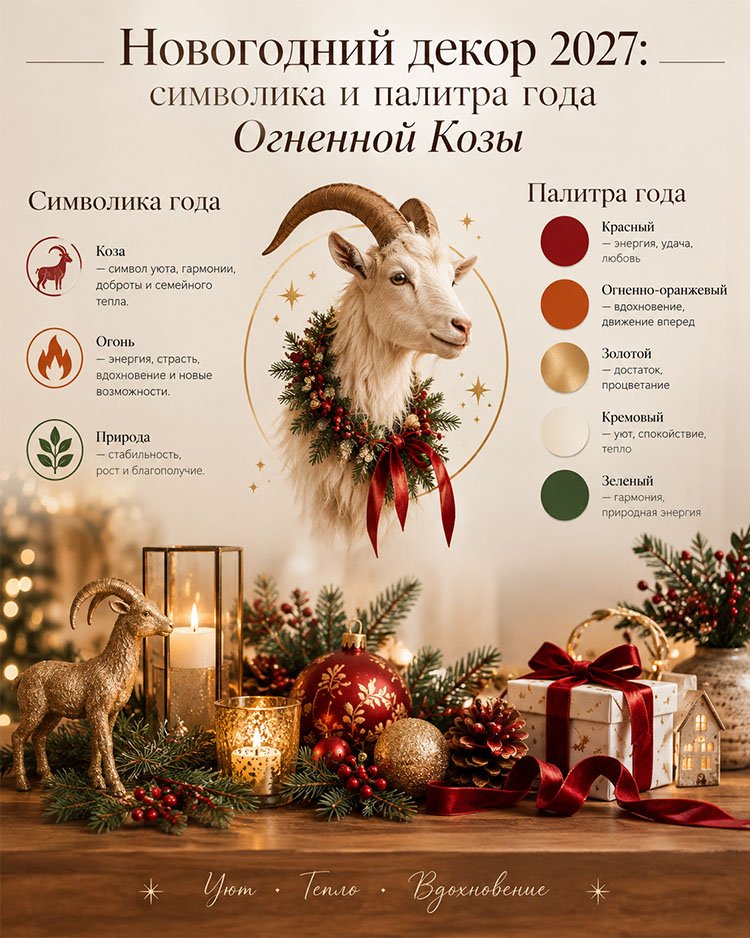 Новогодний декор 2027 года Огненной Козы: символика года, красная, оранжевая, золотая, кремовая и зелёная палитра, идеи праздничных украшений.