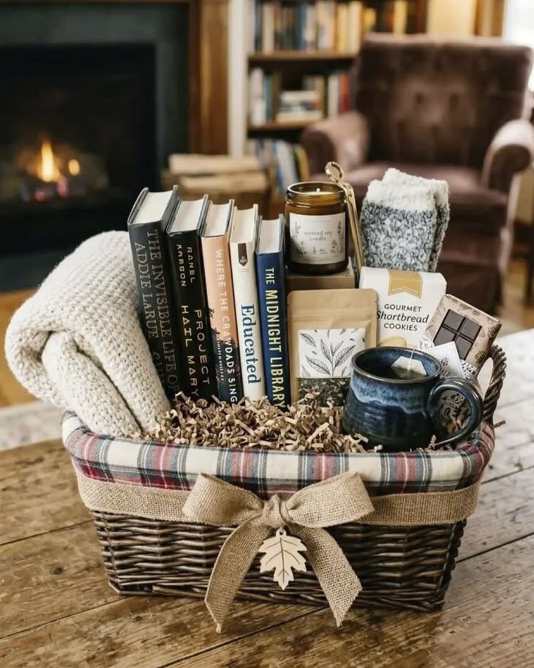 Новогодняя подарочная корзина с книгами, тёплым пледом, кружкой и сладостями для любителей чтения и домашнего уюта