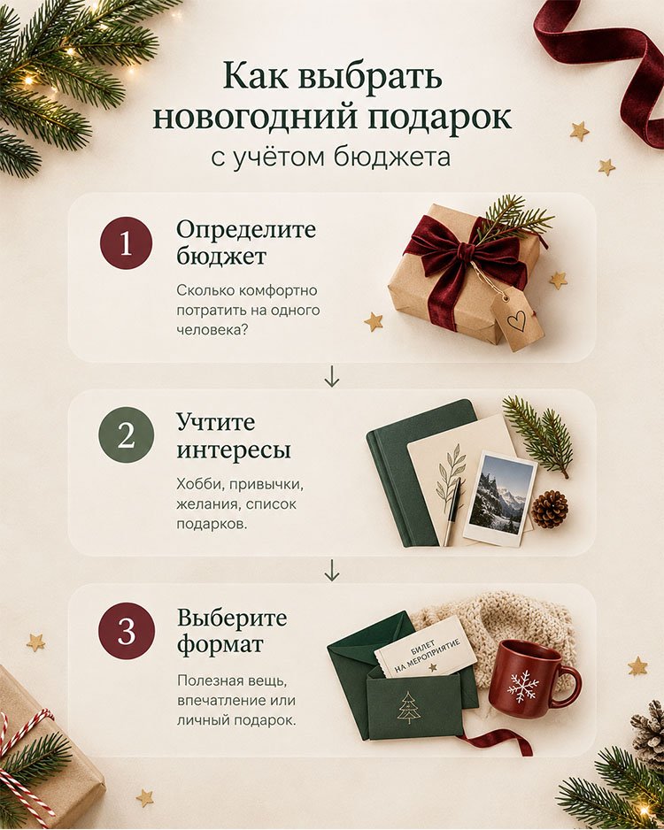 Инфографика &laquo;Как выбрать новогодний подарок&raquo;: три шага &mdash; определить бюджет, учесть интересы получателя и выбрать формат подарка: полезную вещь, впечатление или личный презент.