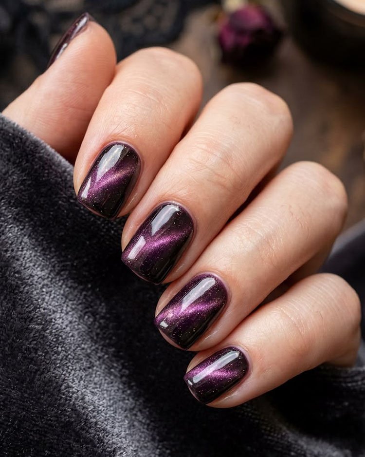 Бархатный маникюр cat-eye в глубоком сливово-бордовом оттенке с мягким фиолетовым магнитным переливом на коротких ногтях.