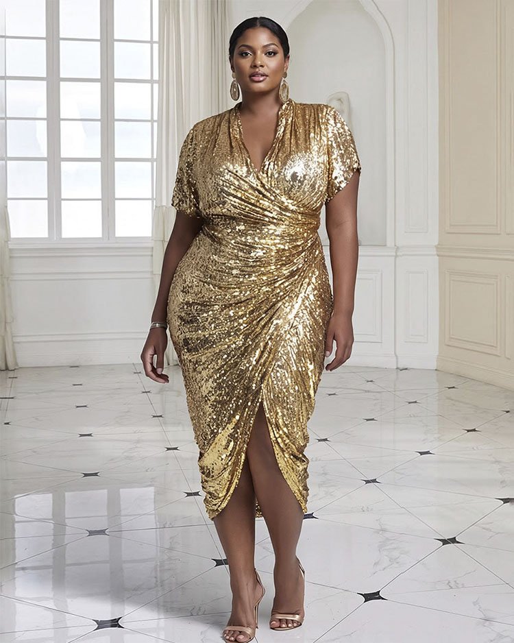 Золотое платье plus size с пайетками, перекрёстным лифом, короткими рукавами и разрезом спереди.