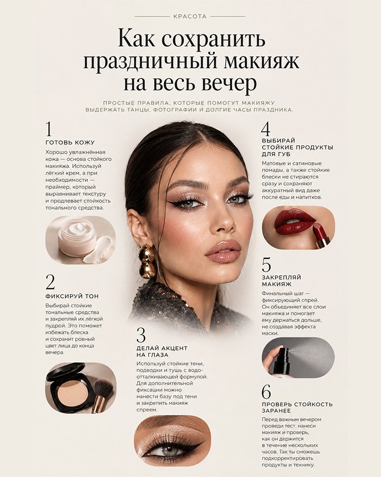 Инфографика &laquo;Как сохранить праздничный макияж на весь вечер&raquo;: 6 советов по подготовке кожи, фиксации тона, макияжу глаз и губ.